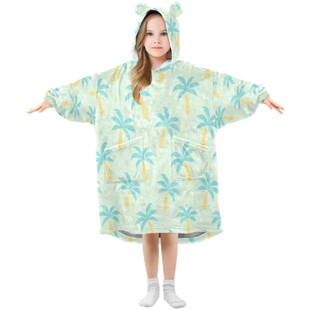 Kids Wearable Blanket Hoodie with 2 Pockets Mint Green Palm Tree Pattern Oversize Blankets Sweatshirt for Children Small