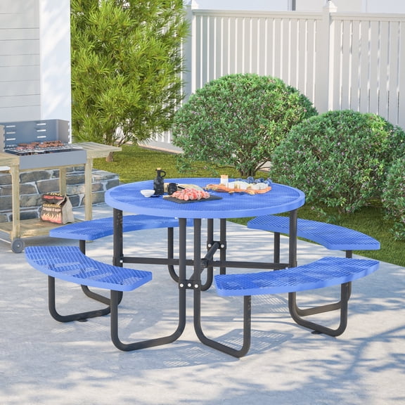 Bullenfity 46.45 in Round Picnic Table With 4 Attached Benches, Seats Up to 8, 1.78 in Umbrella Hole, Galvanized Steel Frame, Blue