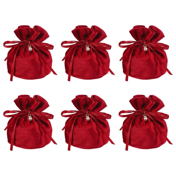 Velvet Gift Drawstring Bags 6" x 6", Wedding Favor Bag with Pearl , Burgundy 6 Pcs