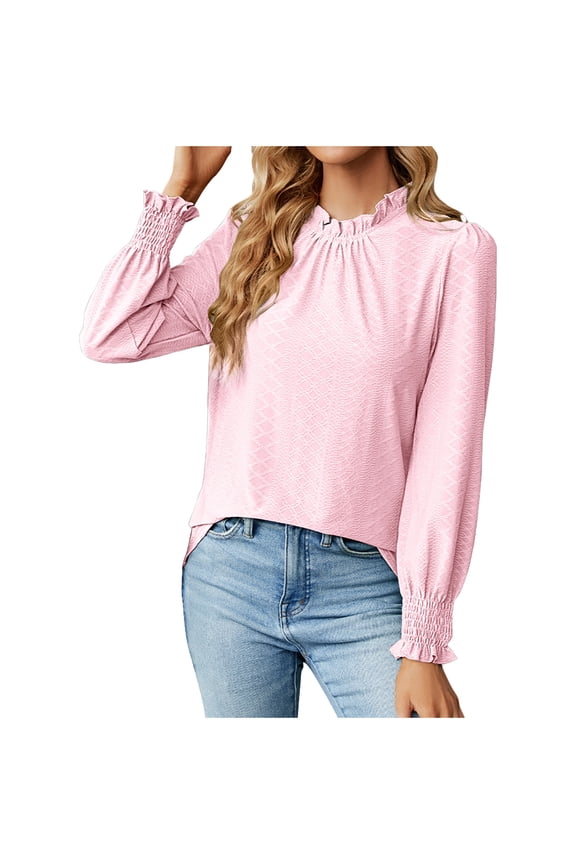 Womens Fall Long Sleeve T Shirts Blouses Lace Crochet Frill Mock Neck Tops Dressy Casual Tunic Tops with Smocked Cuffs(Light Pink,S)