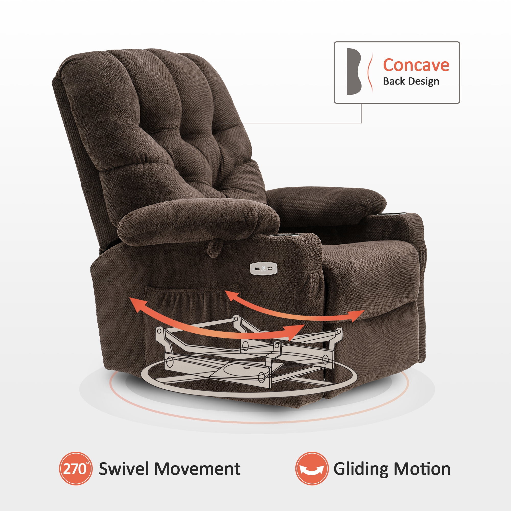 MCombo Power Swivel Glider Recliner Chair Fabric Recliner, Brown Fabric 7797