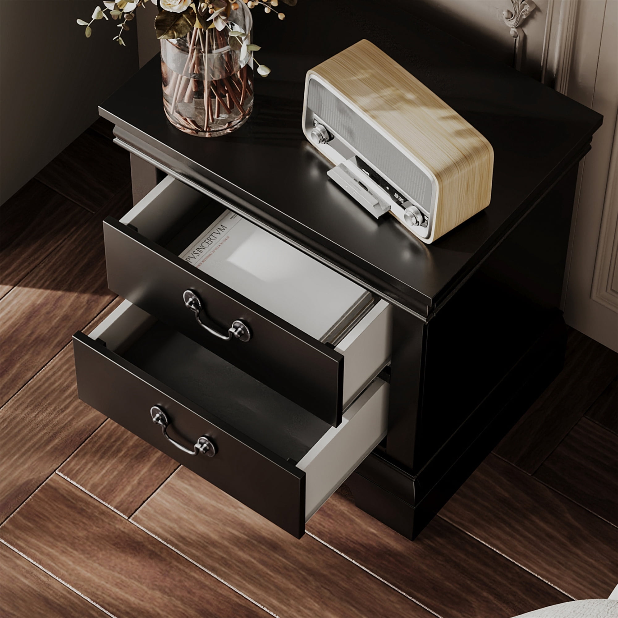 Traditional 2-Drawer Black Nightstand with Storage