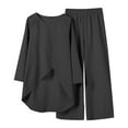 thumbnail image 4 of Women's 2 Piece Outfits - Asymmetrical Hem Long Sleeve Tops & Wide Leg Pants - Loose Solid Set for Fall Winter - Comfortable Trendy Style, 4 of 5