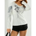 thumbnail image 2 of Vintage Fairy Print Long Sleeve Crop Top for Women Rhinestone Graphic T-Shirts Round Neck 90S Grunge Tees, 2 of 7
