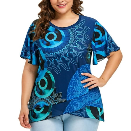 Tuscom Fashion Women Casual Plus Size Overlap T-shirt O-Neck Short Sleeve Tops Blouse
