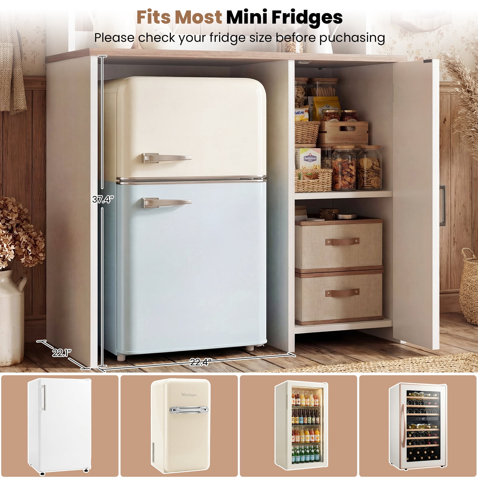 Aheaplus Multifunctional Mini Fridge Cabinet: Coffee Bar, Wine Stand & Beverage Station with Outlet, LED Light & Microwave Shelf, for Kitchen, Dorm, Office,White