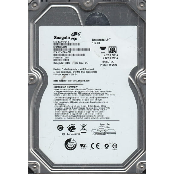 ST31500541AS, 5XW, WU, PN 9TN15R-568, FW CC95, Seagate 1.5TB SATA 3.5 Hard Drive