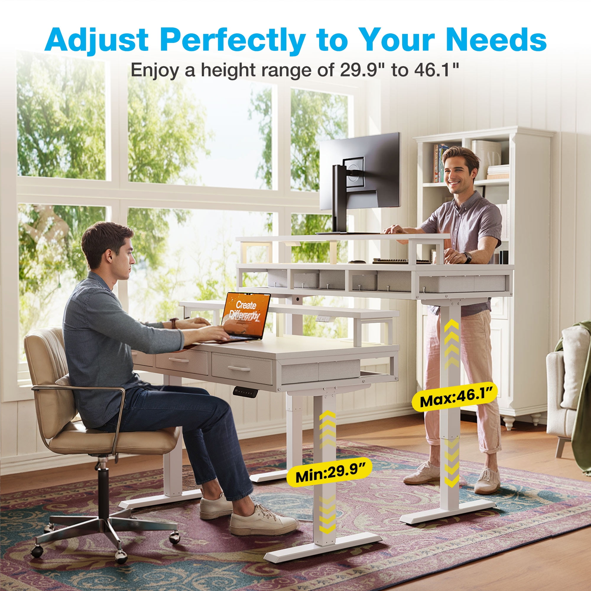 Casacomoda 55 inch Electric Standing Desk with Power Outlets and LED Lights, Adjustable Height Sit Stand Desk with Monitor Shelf & 3 Fabric Drawers for Home Office, White