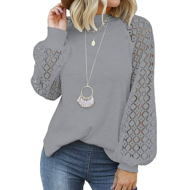 Qarigey Blusa de manga larga de encaje para mujer Camiseta de color sólido con cuello de encaje Prendas para la parte del cuerpo Gris L