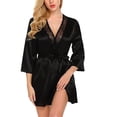 thumbnail image 2 of Zhi Women's Solid Nine-Minute Sleeve Satin Lace Robe, Silky Fabric, Nightwear & Lounge Wear,Black, 2 of 6