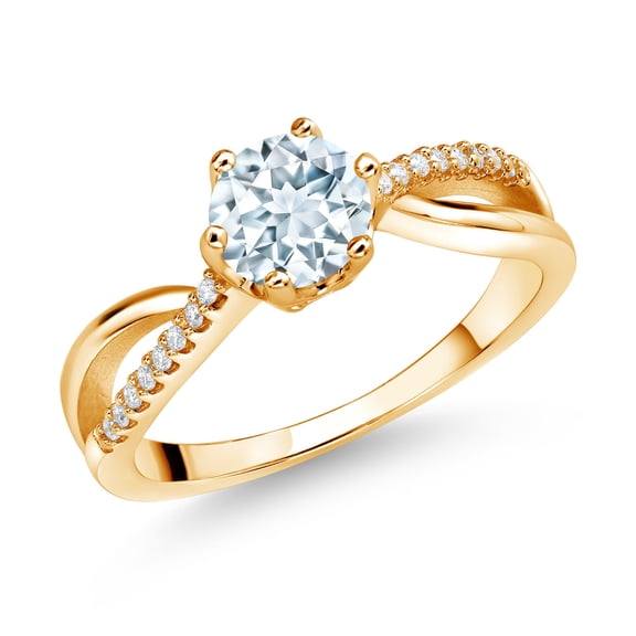 Gem Stone King 18K Yellow Gold Plated Silver Ring Round Aquamarine and Moissanite (0.83 Cttw) (Size 5)