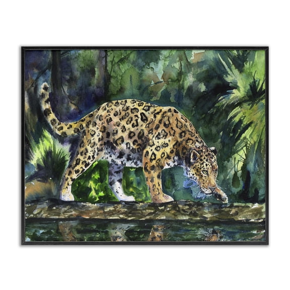 Stupell Industries Contemporary Jaguar Large Cat Animal Green Watercolor Black Framed Giclee Art, 14 x 11, by George Dyachenko
