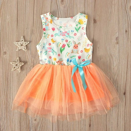 

Leutsin Easter Toddler Baby Girls Summer Sleeved Dress Cotton Cartoon Printed Screen Round Neck Gauze Princess Skirt