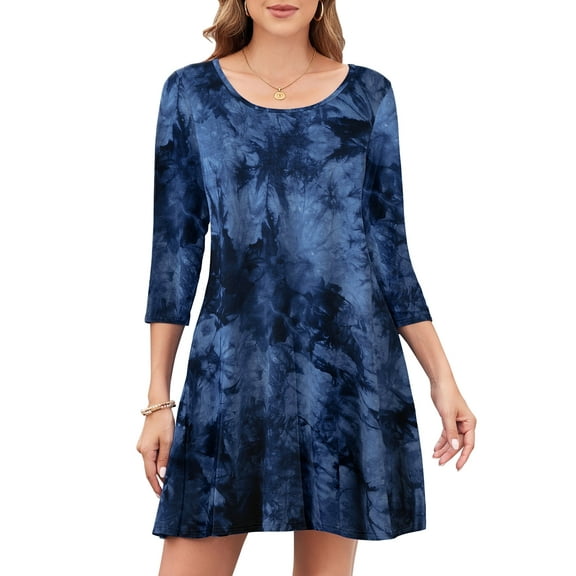 CRAYNER Casual 3/4 Sleeve Dresses for Women, Casual Tshirt Dress Loose Fits Crew Neck Flowy Swing Fall Dress with Pockets , L