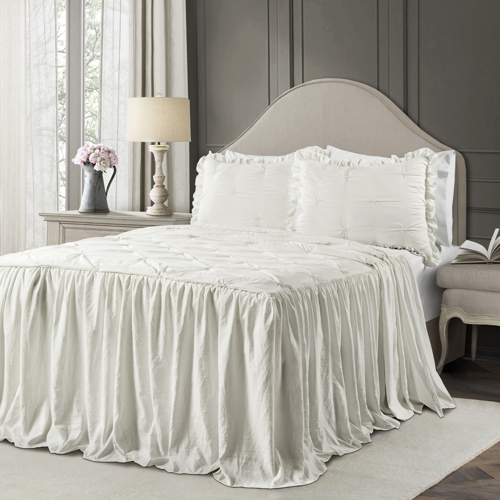Lush Decor Ravello Pintuck Ruffle Polyester Bedspread, Twin, White, 2Pc Set