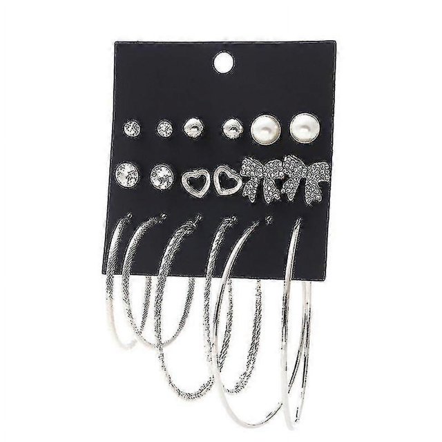 Nuevos 9 pares de pendientes de botón con forma de corazón y lazo de moda con combinación exagerada de pendientes de traje (plata)