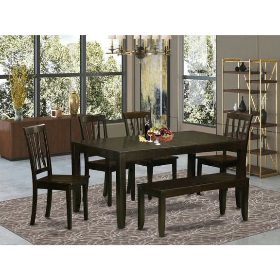 East West Furniture LYAN6-CAP-W 6 Piece Kitchen Table With Bench-Table With Leaf and 4 Dining Room Chairs and Bench