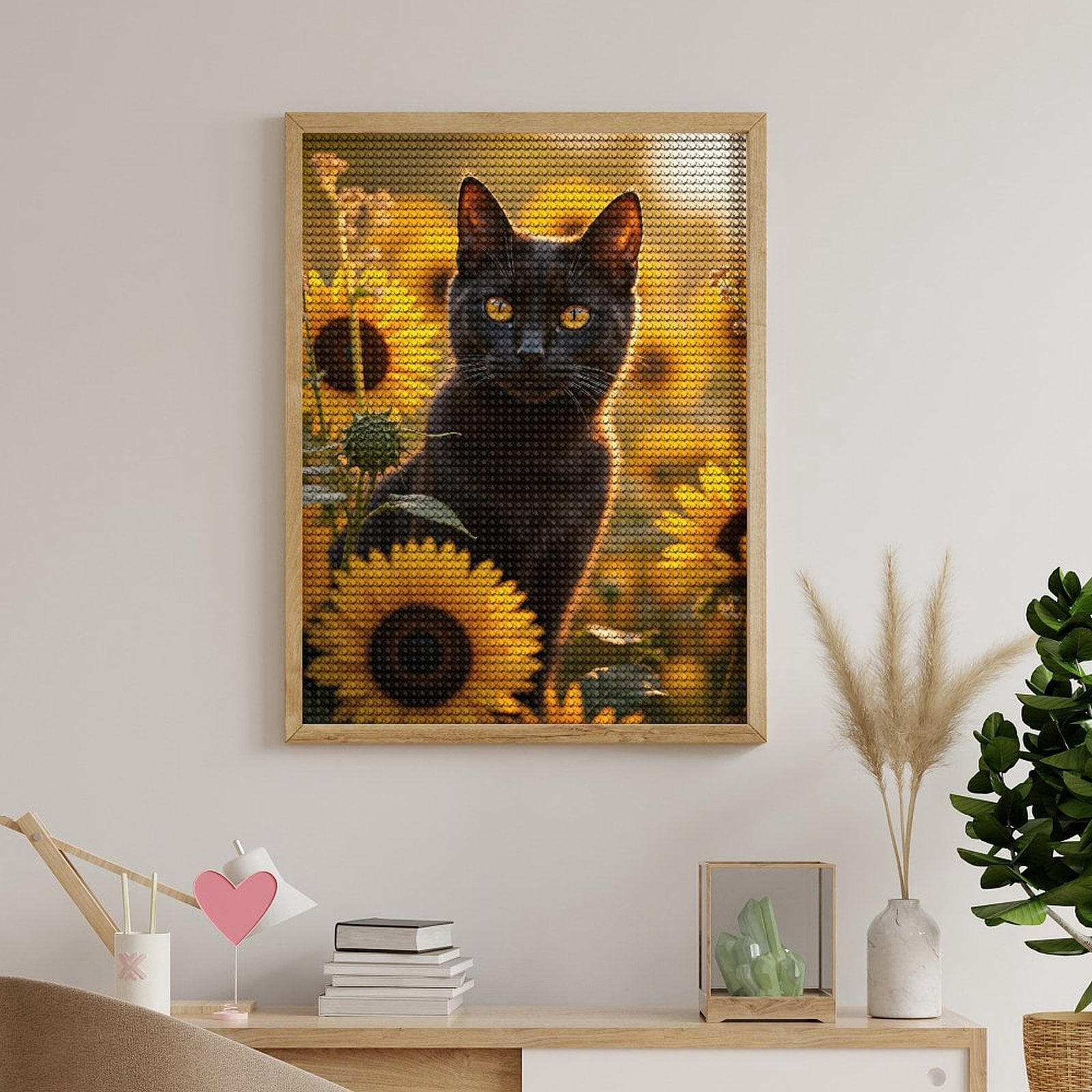 Diamond Art Kits for Adults, Black Cat Sunflowers Golden Glow 5D Diamond Painting Kits for Adults Beginners, DIY Full Drill Diamond Painting, Gem Art and Crafts 12x16