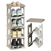 Drevy 5 Tiers Shoe Rack - Foldable Shoe Rack for Closet, Plastic Shoe Tower for Sneaker, Space Saving Storage Organizer, Large Shoe Shelf/Holder/Stand for Bedroom, Floor, Entryway (White & Brown)