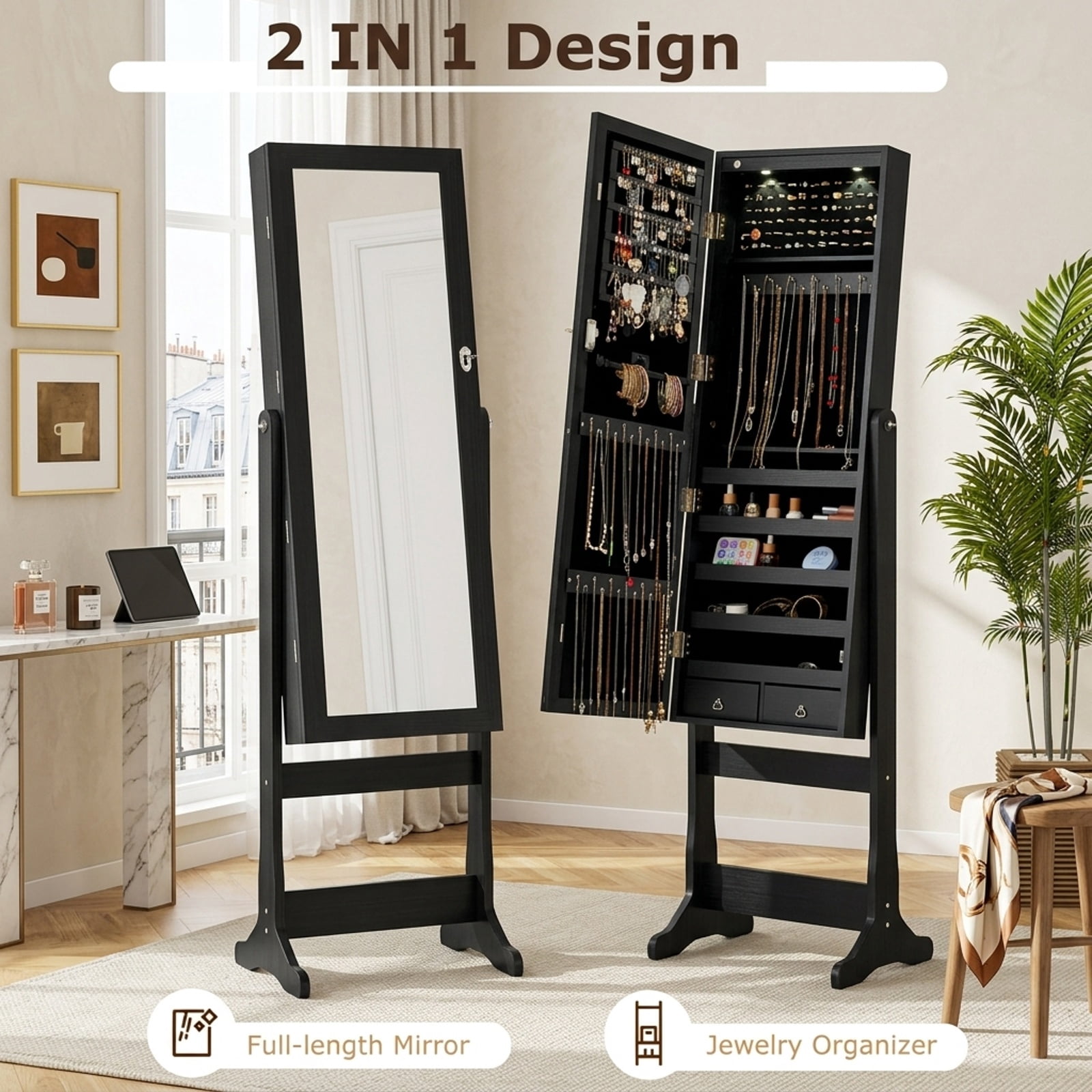 Furnibear Lockable Freestanding Jewelry Cabinet Armoire with Full-Length Mirror and Lights for Bedroom Dressing Room Jewelry Necklace Rings, Black