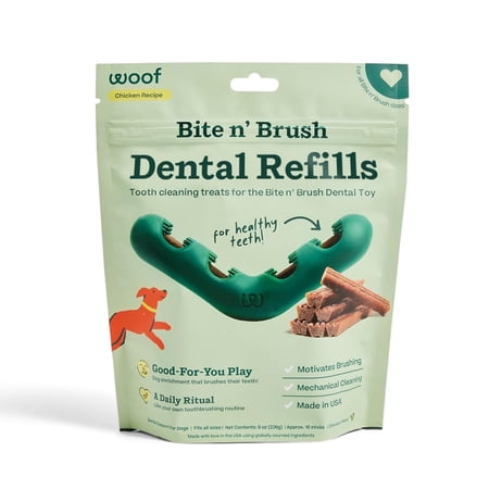 WOOF Bite n' Brush Refills for the Dog Toothbrush Toy - Scrub Plaque and Tartar From Your Dog's Teeth and Mouth - Dog Dental Chew Toy Treats - Approximately 16 Refills