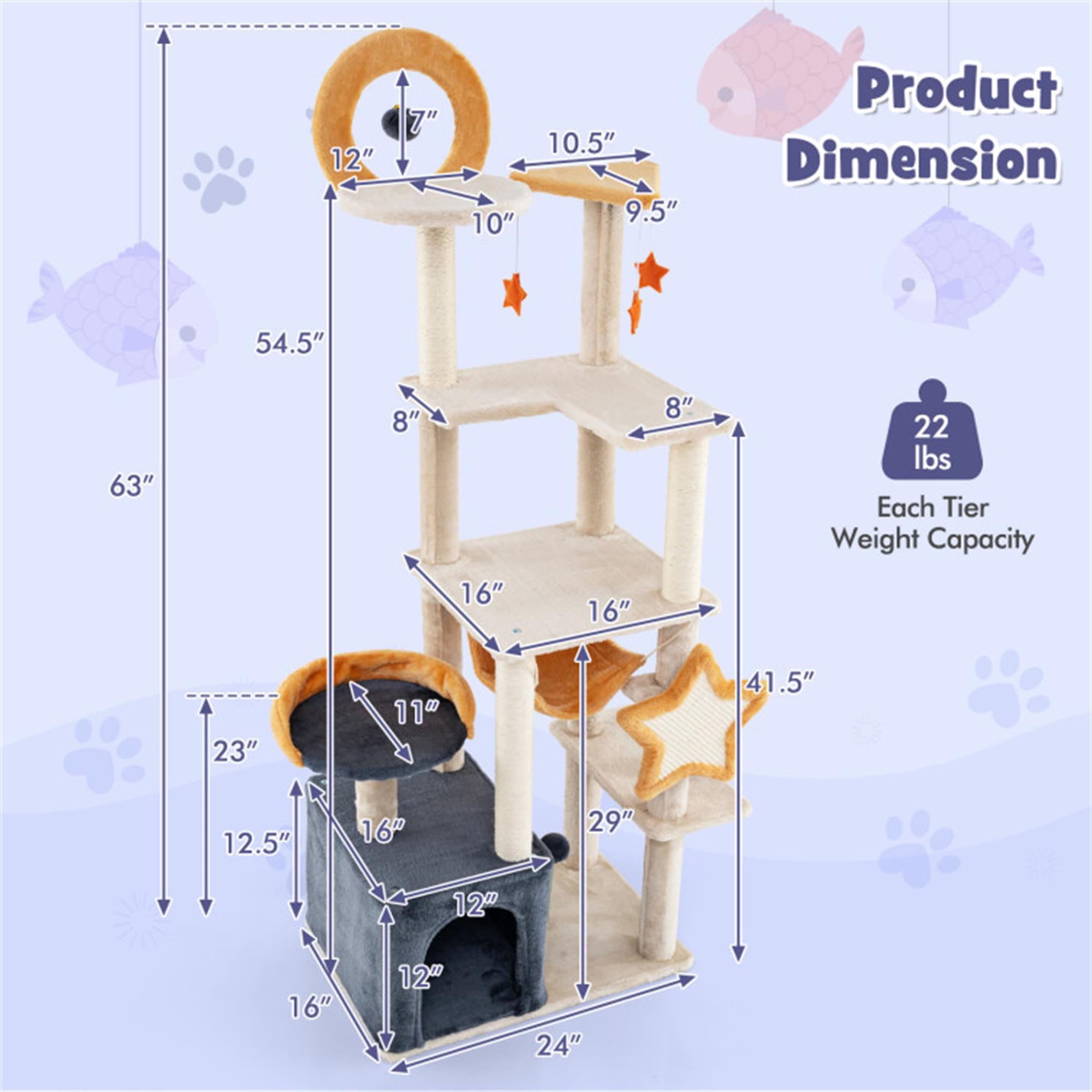 Kadyn 63" Could Cat Tree for Indoor Cats, Cat Condo with Cat Scratching Post and Board, Cat Tower for Kitten with Dangling Balls, Beige