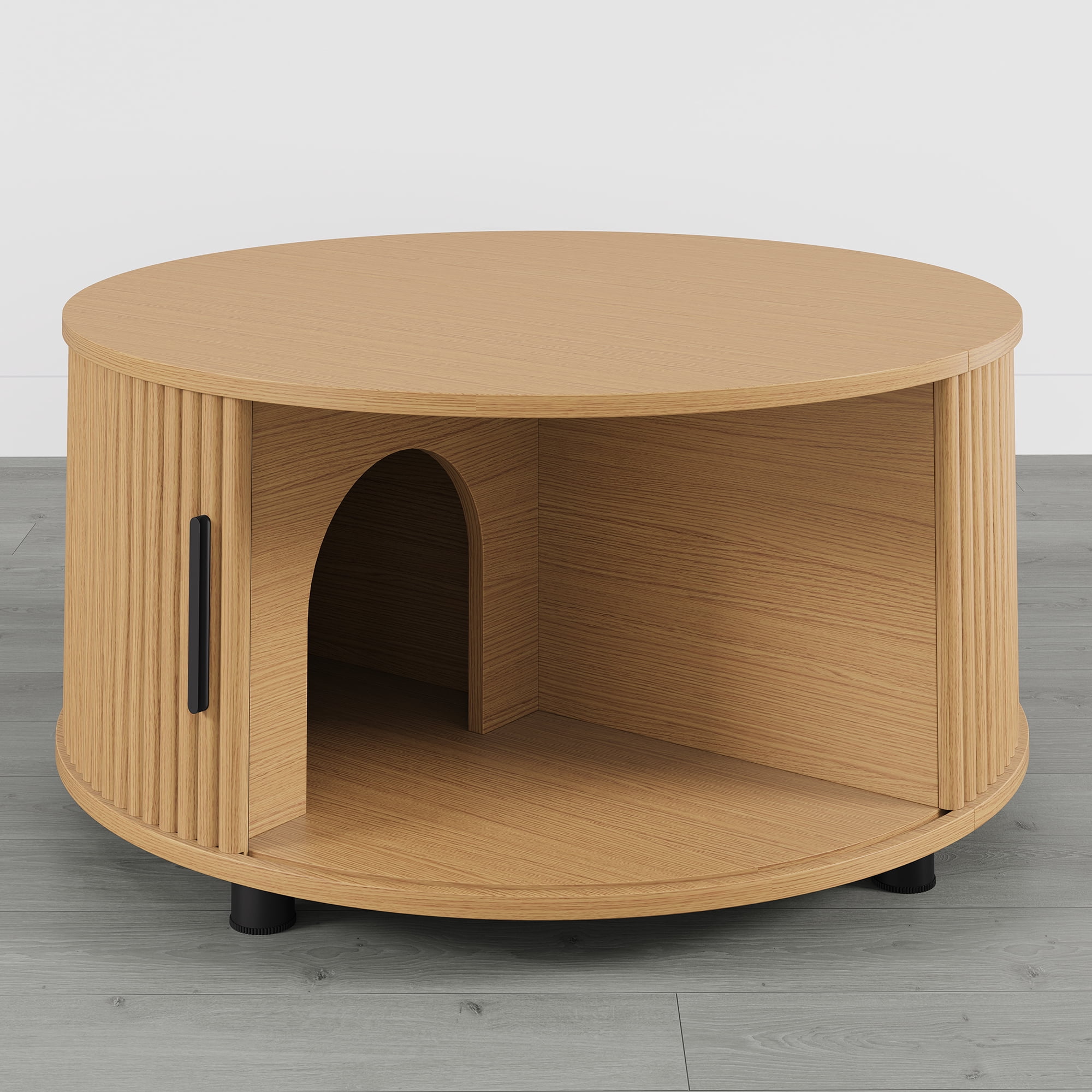 Spruce & Spring 31.5" Round Lift-Top Coffee Table with Storage, Fluted Drum Table with Sliding Door & Curved Pet Opening, Mid-Century Modern Wood Coffee Table for Living Room and Small Spaces, Oak