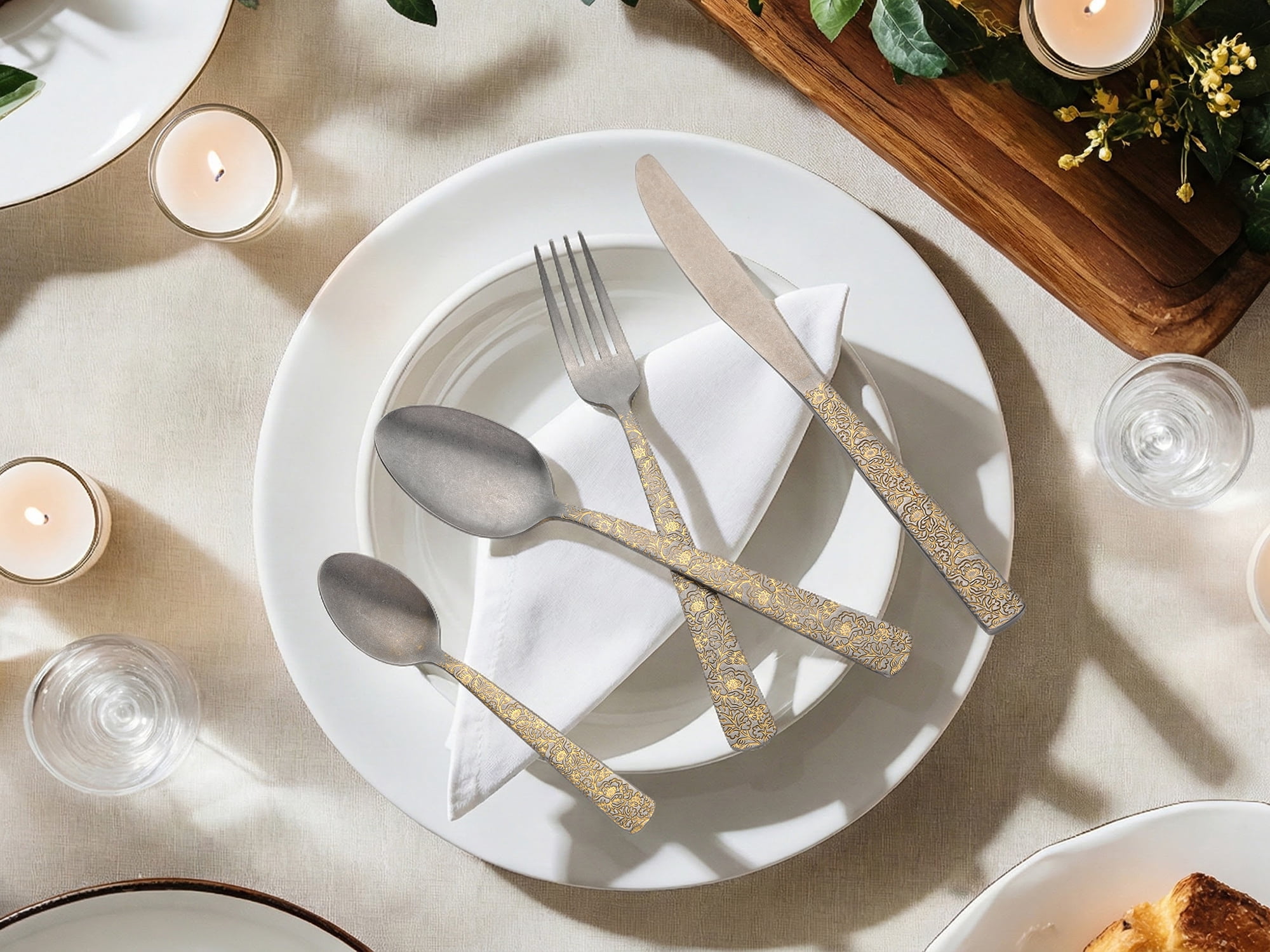 Unique Bargains Stainless Steel Floral Flatware Set for Multiple Uses Retro Gold 4pcs