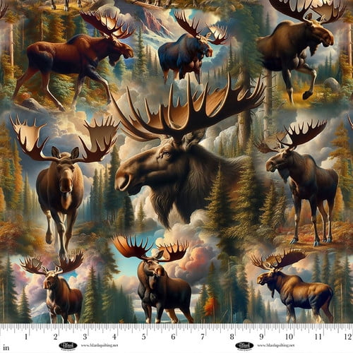 Cotton Wilderness Song Digital print Majestic Moose in forest Mountain Setting Brown Blank Quilting Cotton Fabric Print by the Yard (4177-39)