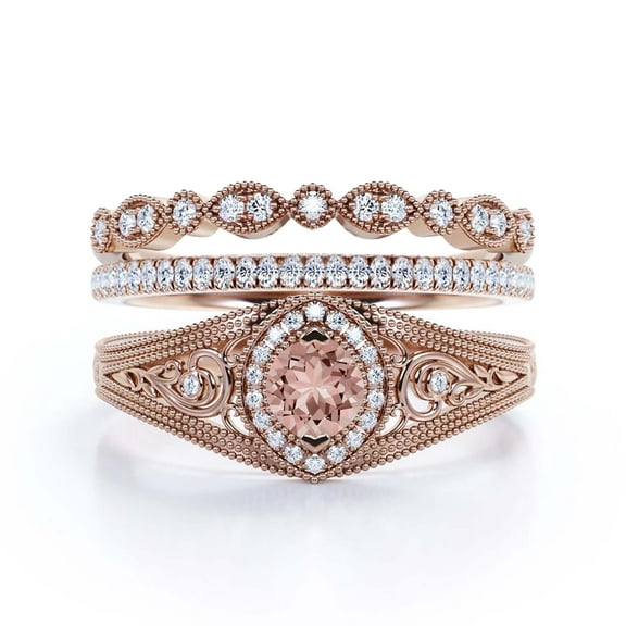 Antique Style Gorgeous Art deco 2.25 Carat Round Cut Morganite And Diamond Moissanite Unique Engagement Ring, Vintage Look Wedding Ring in 10k Solid Rose Gold, Promise Ring, Trio Rings Set