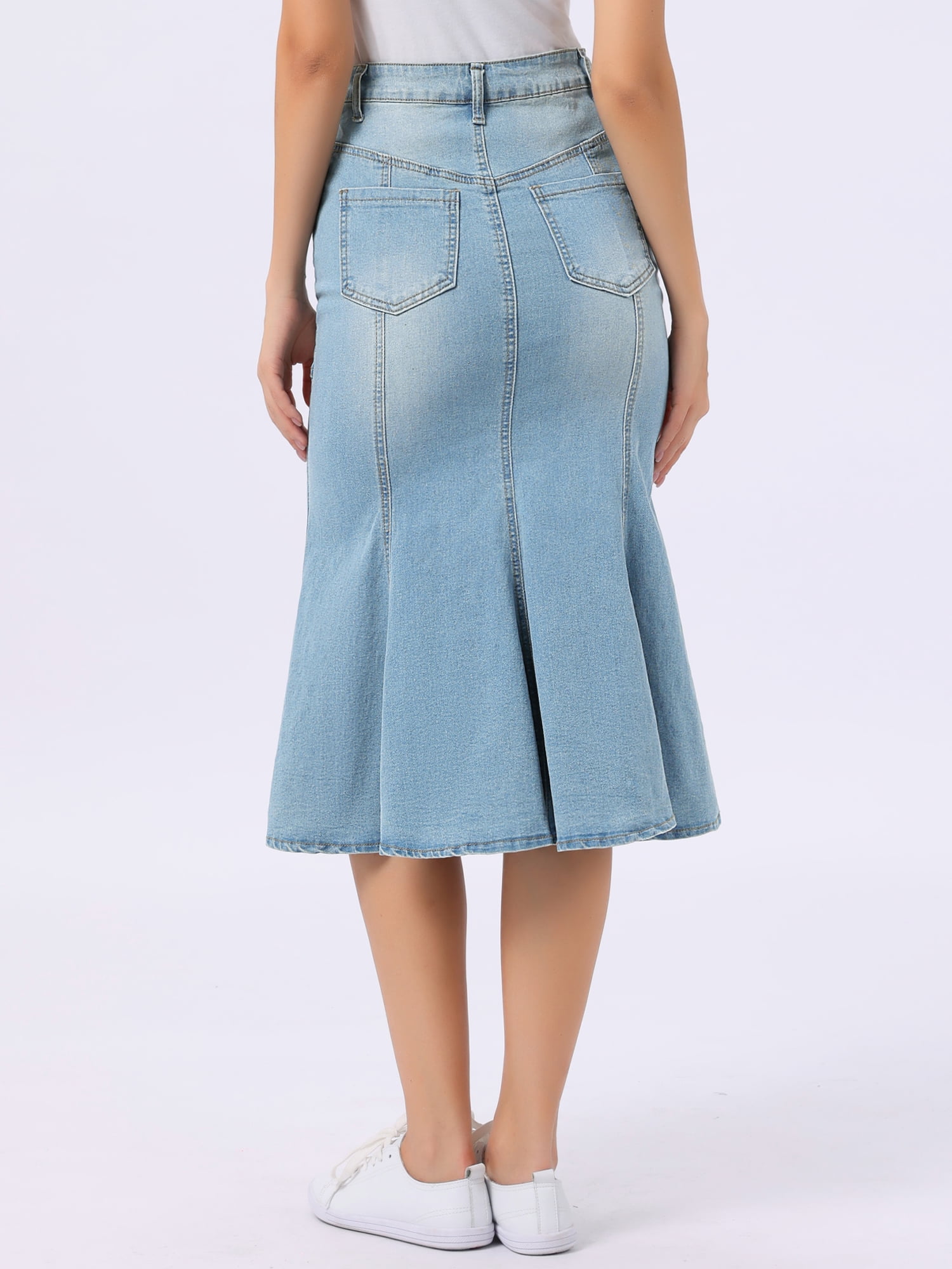 DARING DIVA Fishtail Denim Skirt Women's Washed Midi Jean Bodycon Skirt S Light Blue
