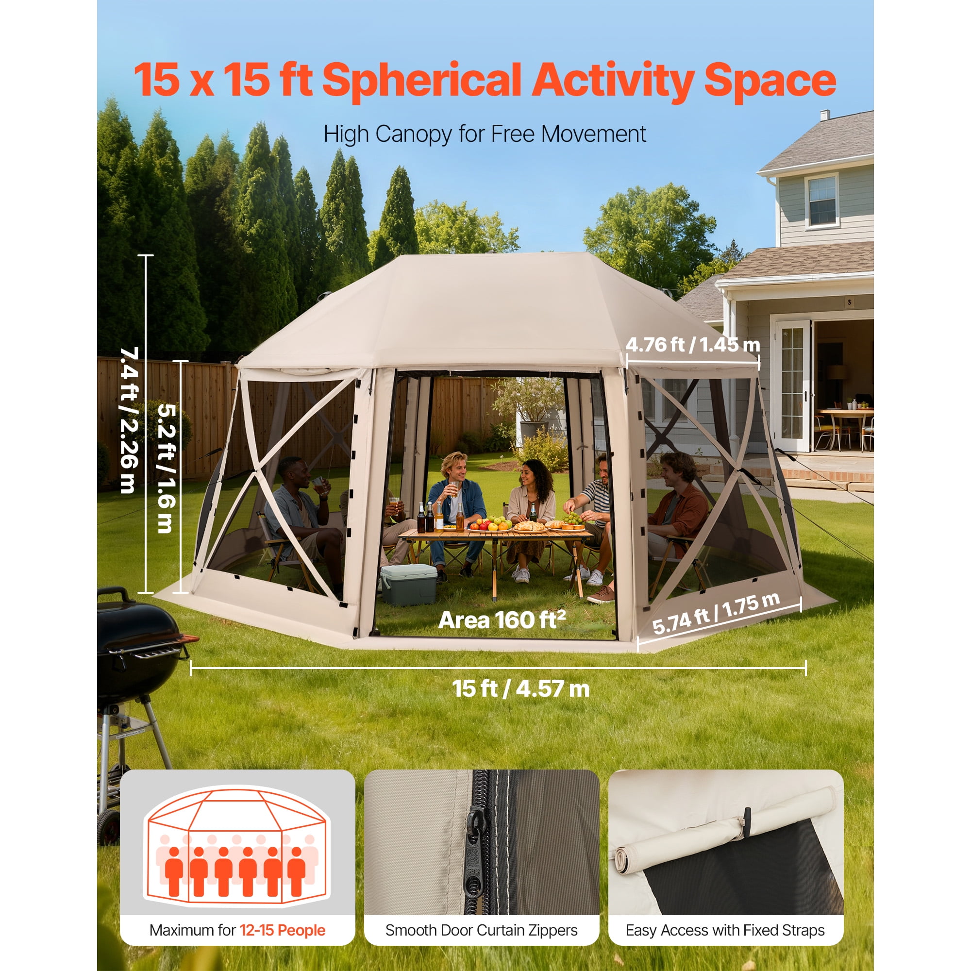 KFFKFF Pop-Up Gazebo Screen Tent, 15 x 15 ft, 13-Sided Dome Camping Canopy with Detachable Roof & Carrying Bag, Easy Setup & Insect-Resistant, Outdoor Sun Shelter for 12-15 People, Beige