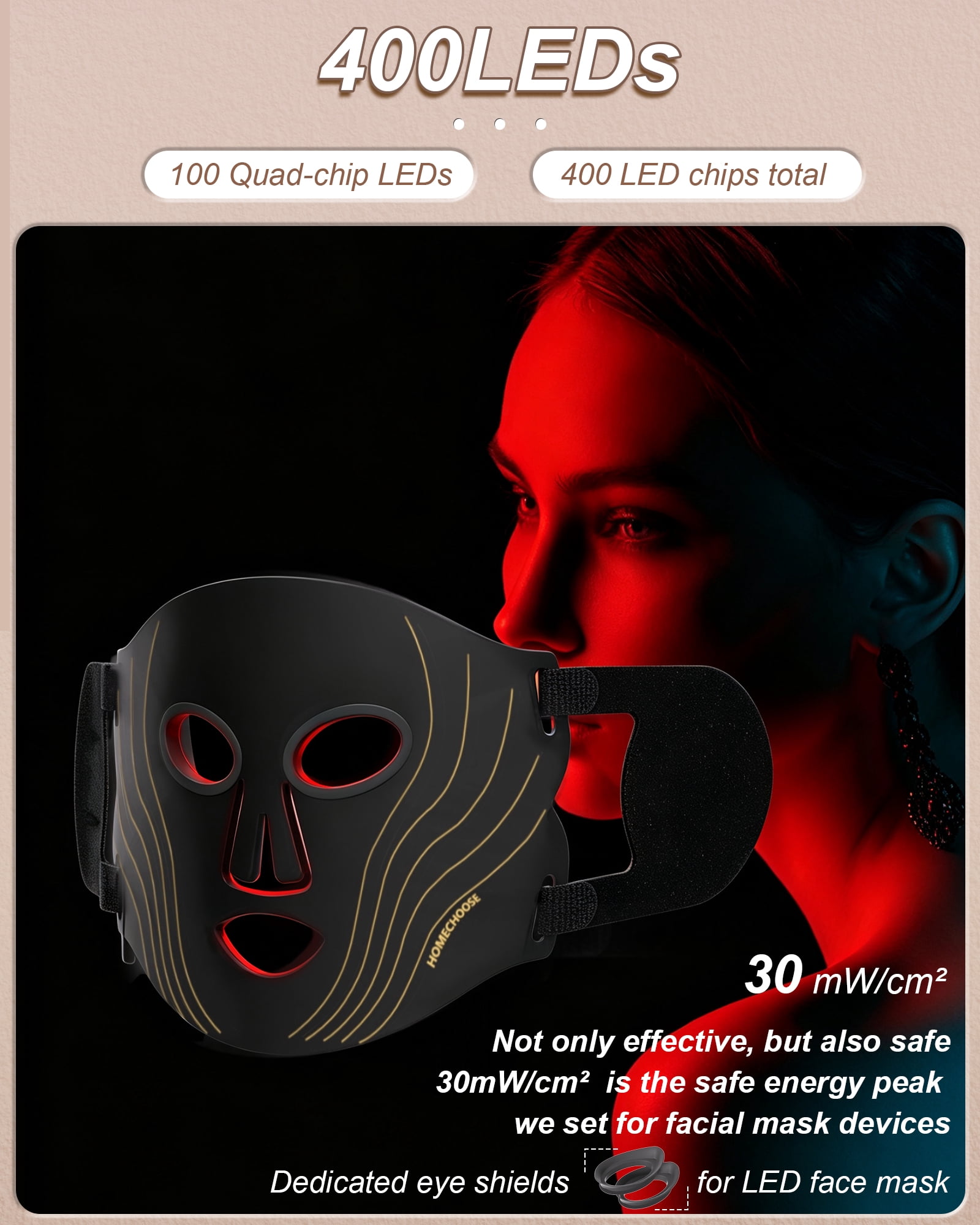 Homechoose 100 LED Red Light Therapy Face Mask, 4 Color Photon Skin Care for Wrinkles and Acne, Portable Cordless, Eye Protection