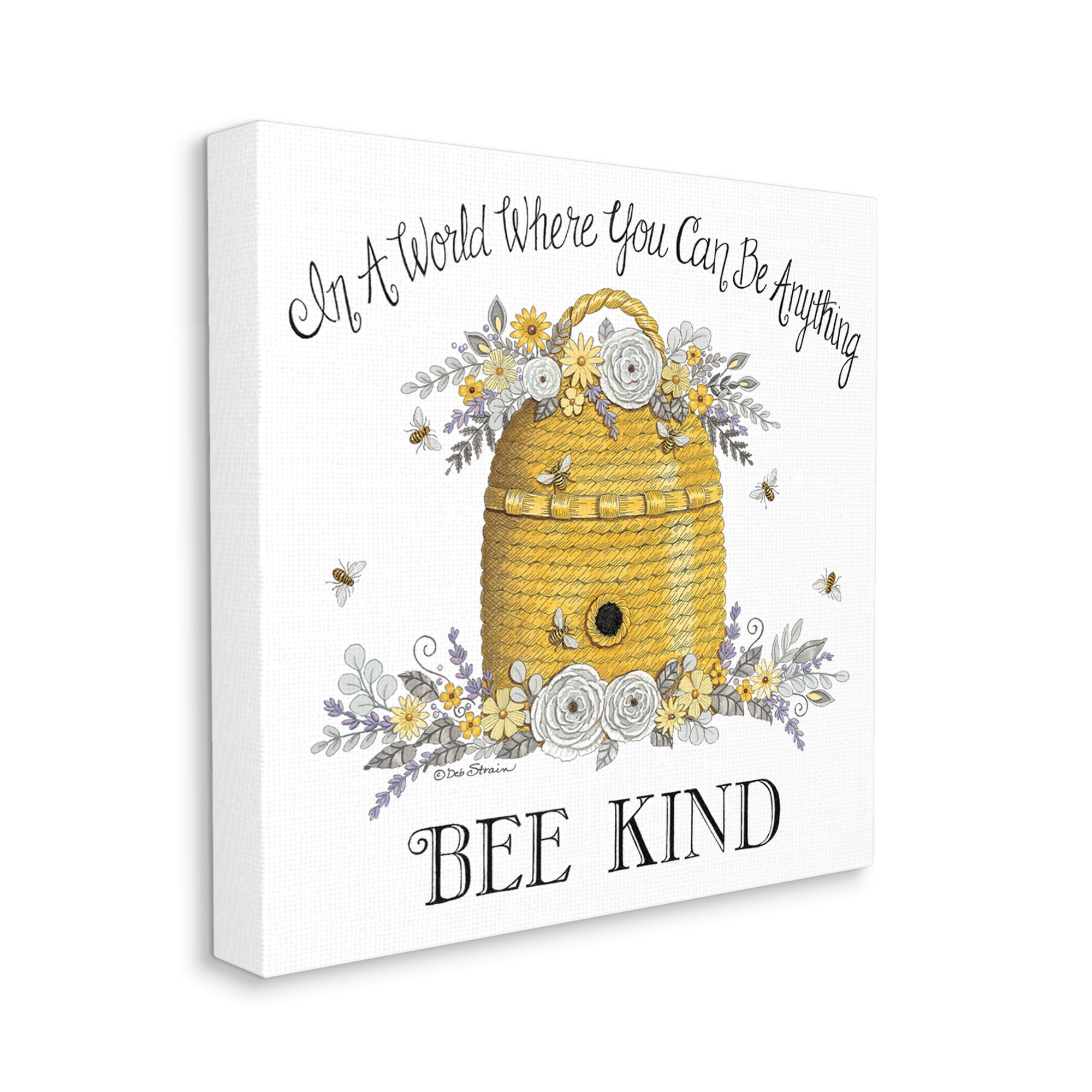Stupell Industries Bee Kind Encouraging Phrase Floral Decorated Hive Graphic Art Gallery Wrapped Canvas Print Wall Art, Design by Deb Strain