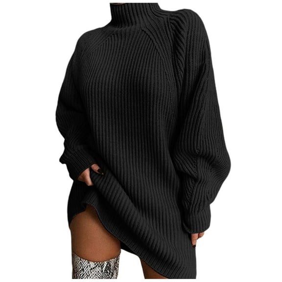 Curuila Women Turtleneck Dresses Knitted Solid Color Long Sleeve Fashion Warm Loose Autumn Winter Sweater Black Size L