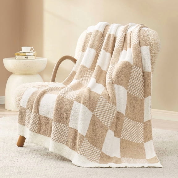 Snuggle Sac Checkered Throw Blanket, Soft and Cozy Microfiber Knit Blanket for Couch, Sofa and Bed, Khaki, 50 x 60 Inches