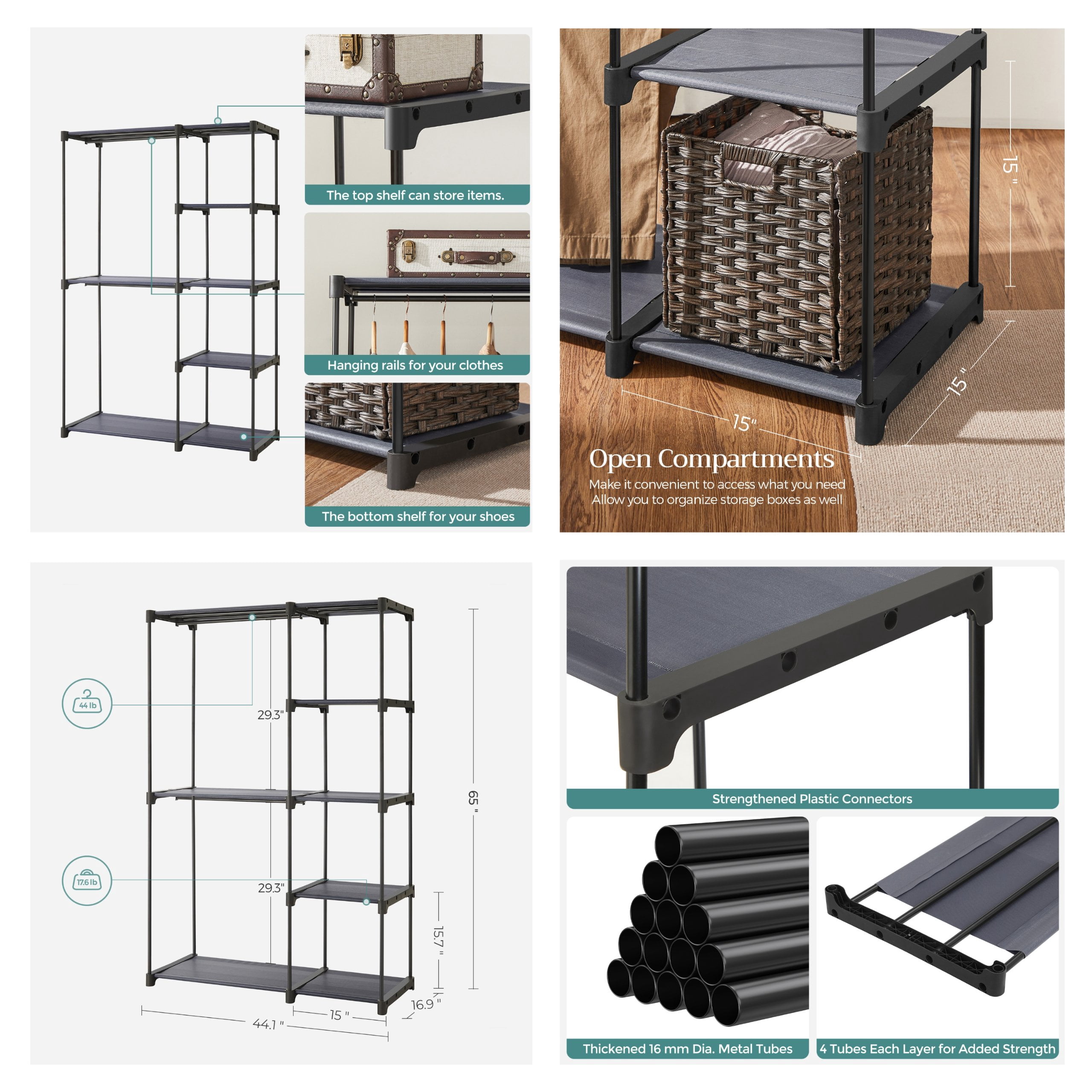 Ledrem Gray Freestanding Closet Organizer, Portable Wardrobe Rack with 4 Shelves & 2 Hanging Rods, Steel