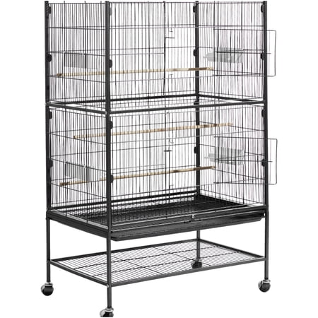 Black Wrought Iron Bird Cage with Rolling Stand, Spacious Home Aviary for Parrots, Cockatiels, Budgies, Daily Rest & Play Area