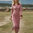 thumbnail image 3 of Ohufall Womens Midi Dresses Patchwork Long Sleeve Zip Front Dresses Vintage Fringe Hem Slim Dresses, 3 of 6