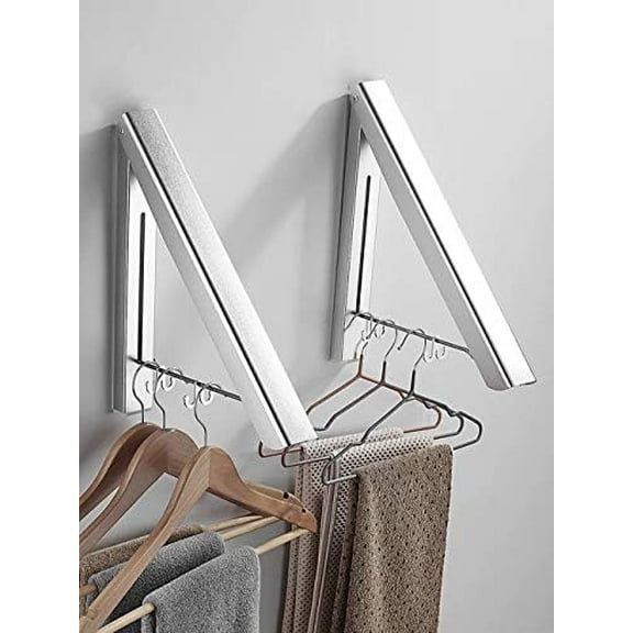 2 Pack Retractable Clothes Rack - Wall Mounted Folding Clothes Hanger Drying Rack for Laundry Room Closet Storage Organization, (Silver)$$Home Decor, Kitchen, & Other