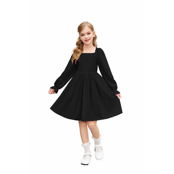 Arshiner Girls A-Line Dress Long Sleeve Smocked Skater Fall Winter Elegant Dress with Pockets