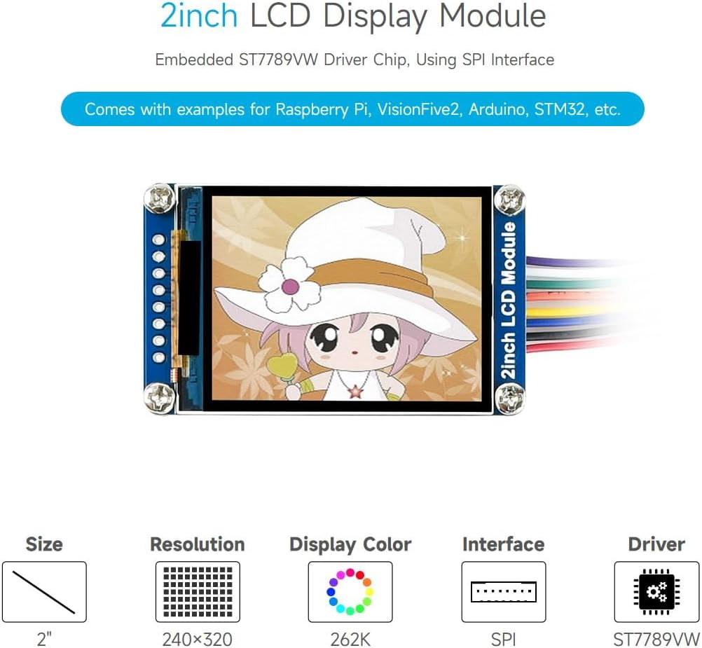 2PCS 2inch LCD Display Module, Compatible with /Pi zero/Arduino/Esp32, with ST7789 Driver, 262K Color, IPS Screen, 240×320 Resolution, SPI Interface
