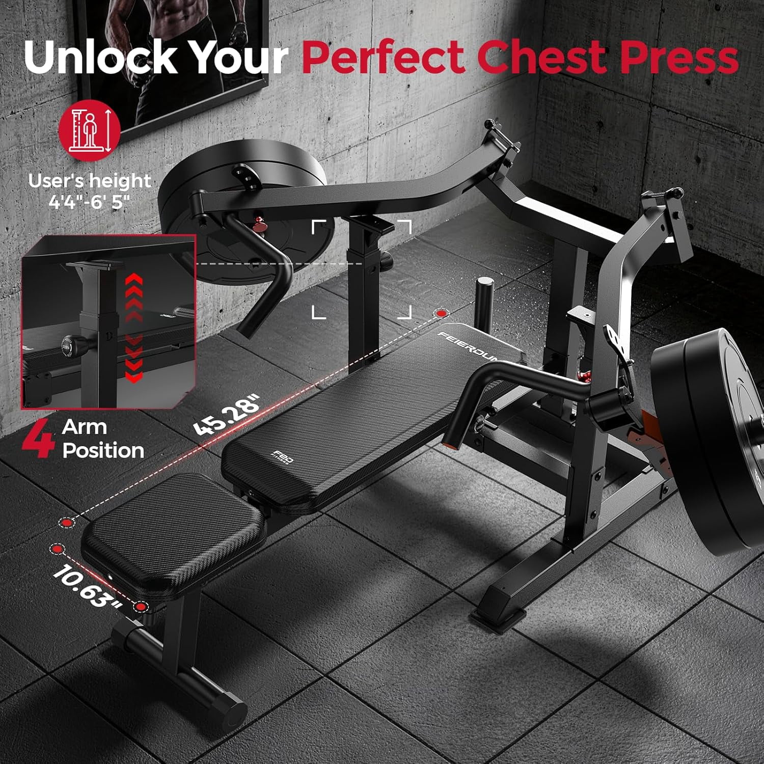 FEIERDUN SO2 Chest Press Machine, Heavy-Duty Bench Press Machine with 4-Level Adjustable Independent Converging Arms, Unique Adjust Bench Design, Strength Training Equipment |FED Fitness