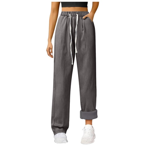 vigerkar Jeans for Women High Waisted Fleece Lined Drawstring Straight Stretchy Winter Jeans Boyfriend Y2K Denim Pants (Grey, XL/L)