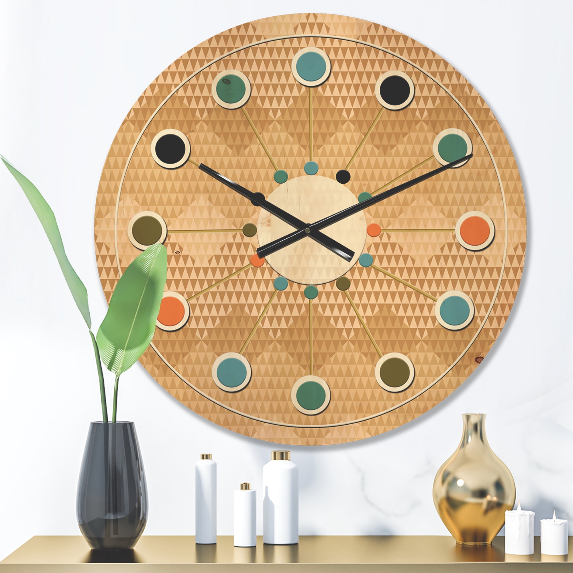 Designart 'Beige Retro Pattern Triangular Wave' Mid-Century Modern Wood Wall Clock