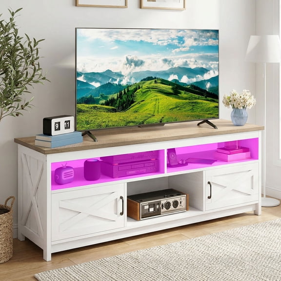 Uforic Farmhouse TV Stand up to 75 inch with Power Outlet & LED Light, Entertainment Center Media Console with Storage Shelves, Grey White