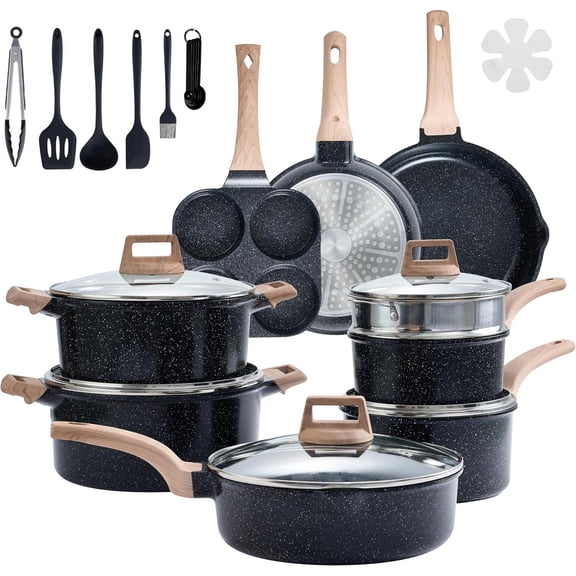 PLKJ Black 25-Piece Ceramic Cookware Set: Nonstick, Non-toxic, Healthy Pots & Pans.