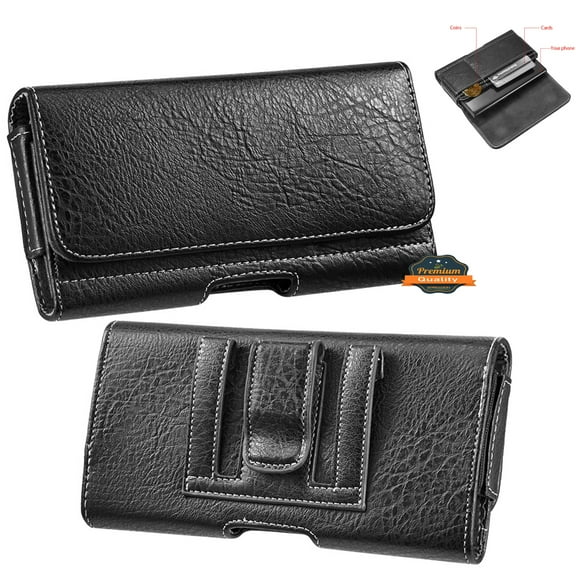 For Samsung Galaxy A25 5G Universal Horizontal Cell Phone Leather Pouch Holster Carrying Case with Credit Card Slots & Belt Clip Loop Cover - Black