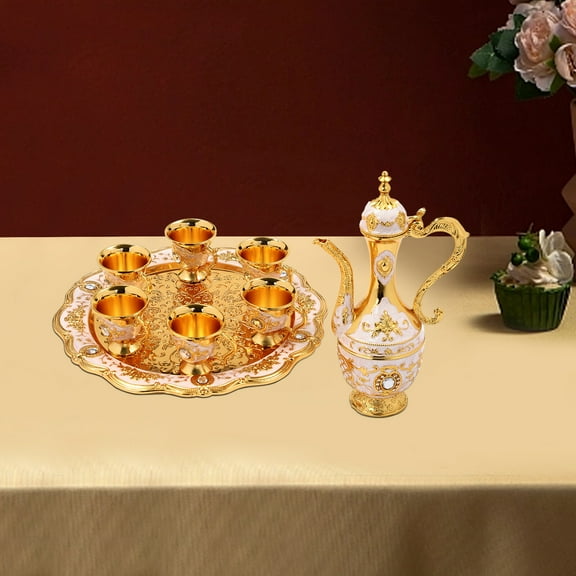 Turkish Tea Set with 6 Teacups, Gold/White Zinc Alloy Die-Cast Teapot, Versatile for Tea, Wine, Home & Parties