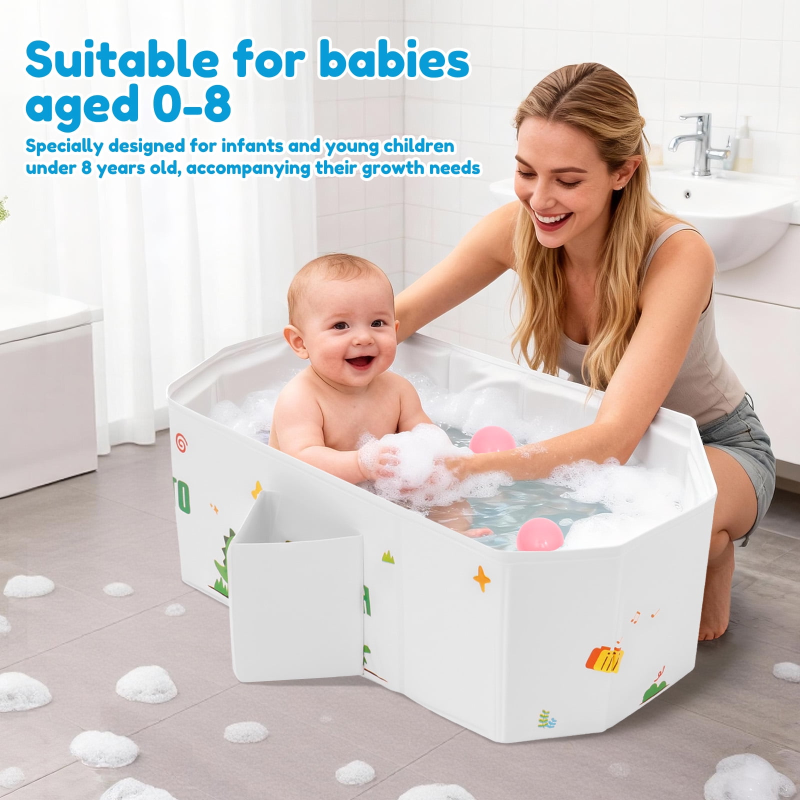 Austok Foldable Bathtub for Children Multifunctional Portable Bath Tub Large Toddler Bath for Age 0-8 All in One Design with Drain Plug